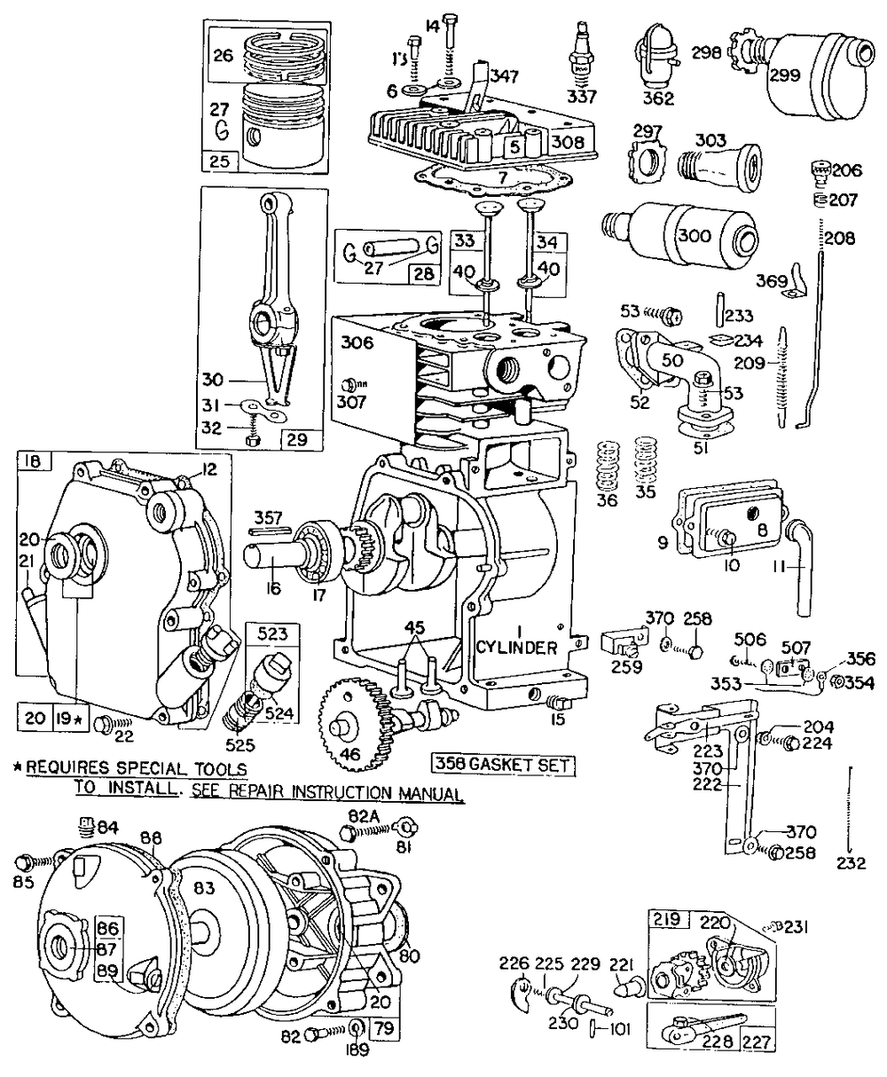 Cylinder,crankcase,gear Case Diagram and Parts List for 60301-0013-XX  Briggs and Stratton Engine